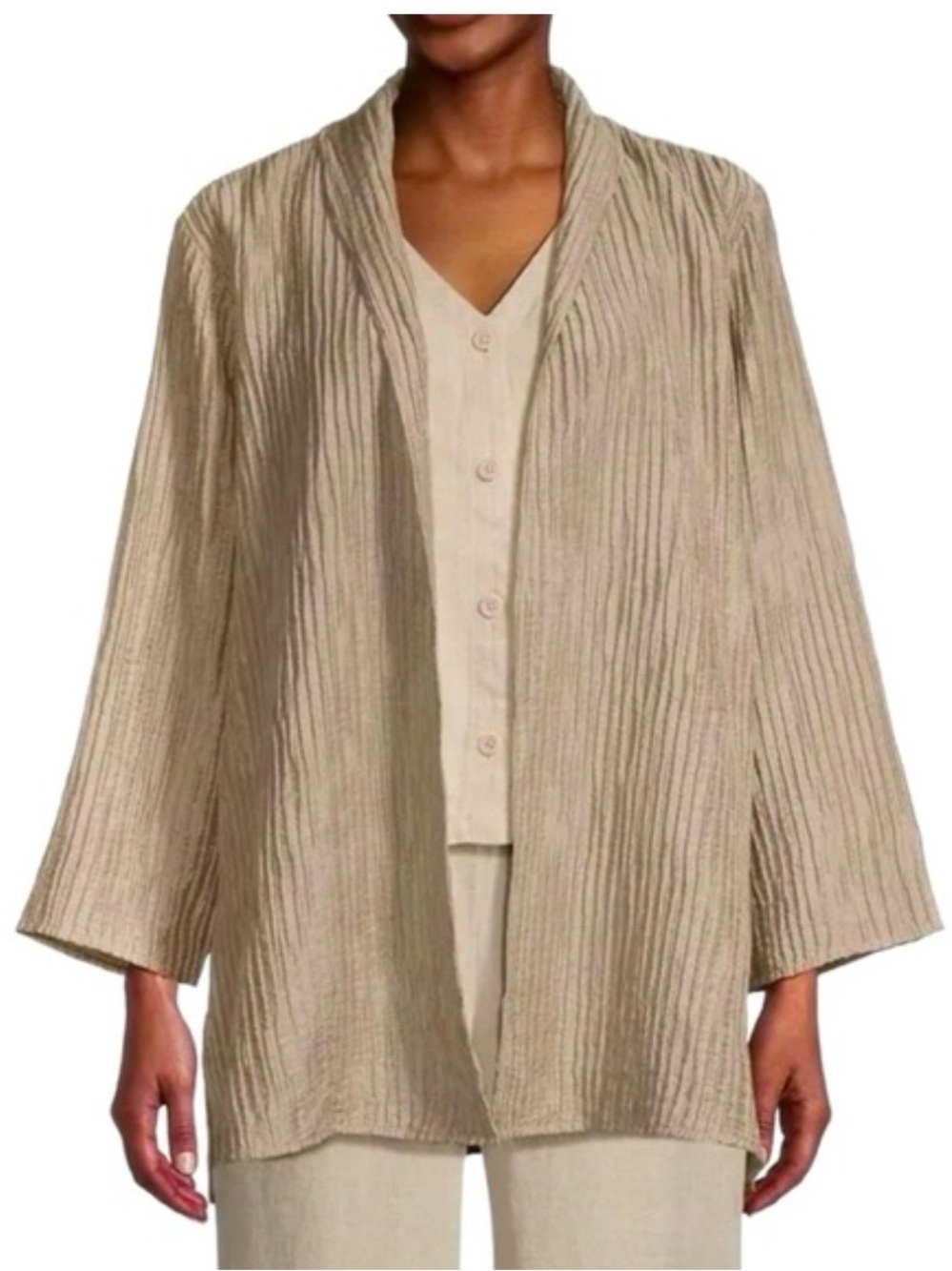 Eileen Fisher Pleated Shimmer Open-Front Lightweight Jacket in Beige M
